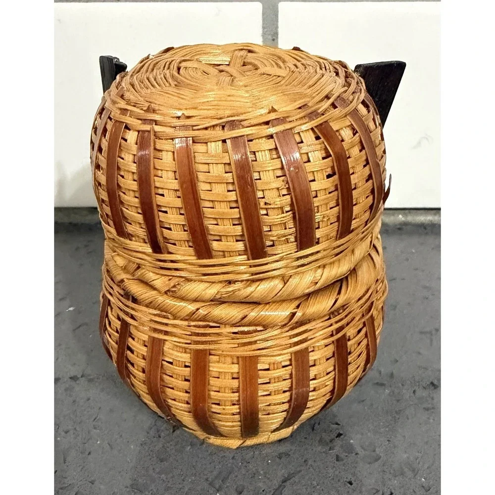 Vtg‎ Wicker Owl Basket Trinket Box Opens Brown Basket w/Lid